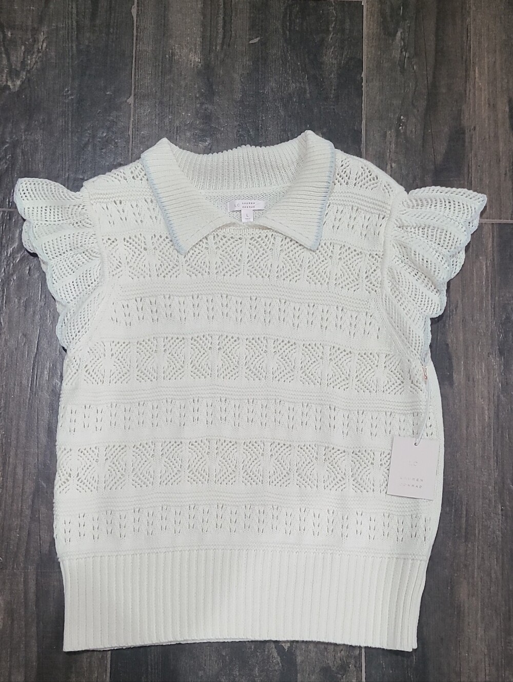 LC Lauren Conrad Cream Open-Knit Polo Sweater with Ruffle Sleeves